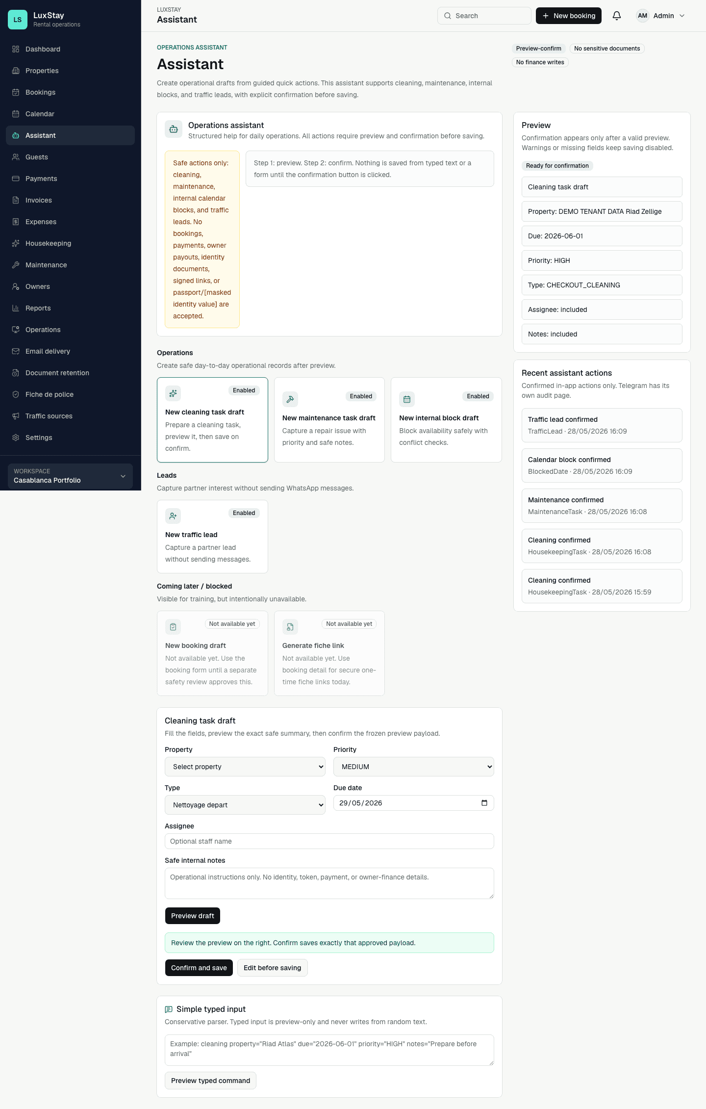 Luxstay demo operations assistant preview card for safe confirm-before-save workflow