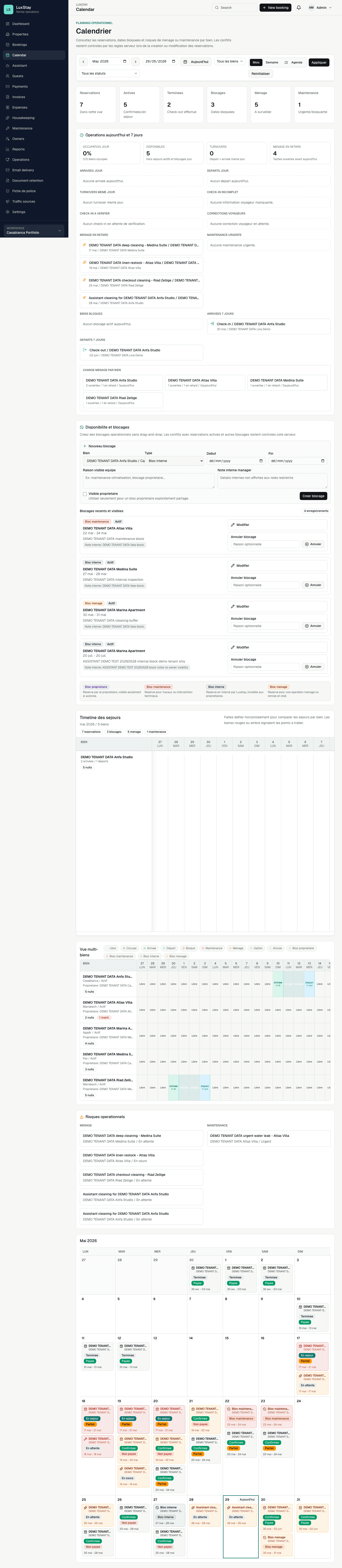 Luxstay demo multi-property calendar timeline with sanitized booking bars