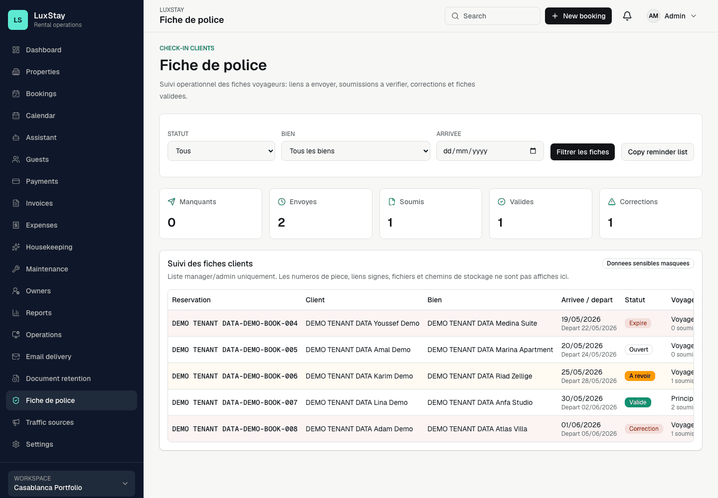 Luxstay demo fiche de police dashboard with safe fake check-in statuses