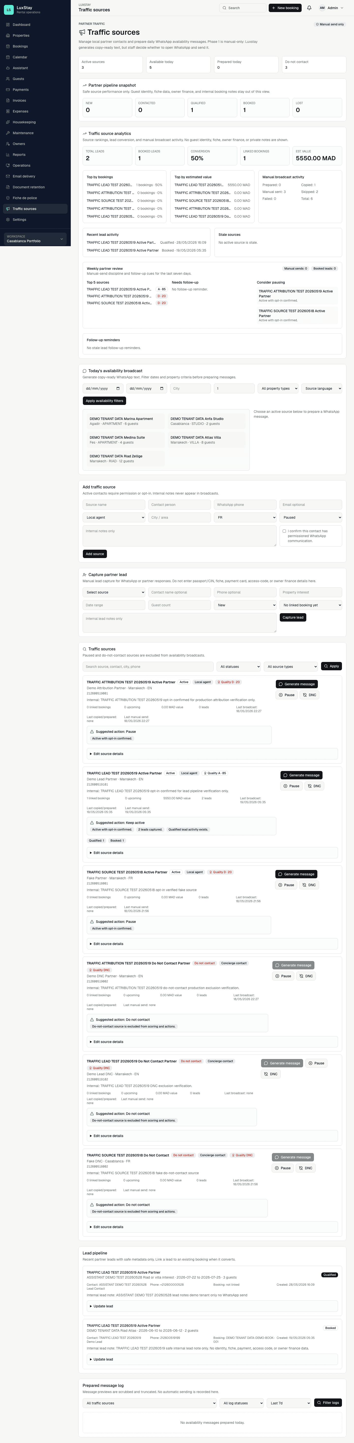 Luxstay demo traffic sources page with manual WhatsApp availability workflow
